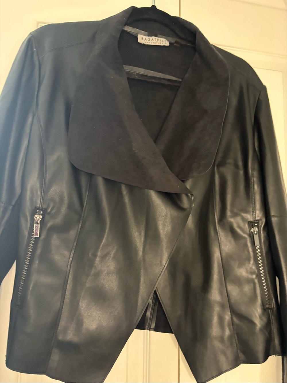 Bagatelle Faux Leather Draped Open Front Jacket Black Medium